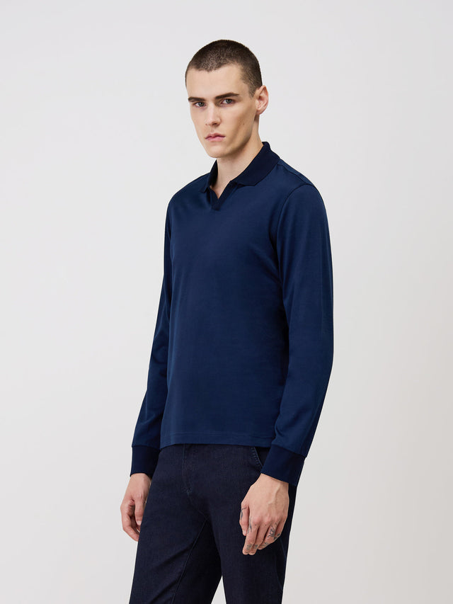 Polo manches longues Slim en coton mélangé bleu indigo