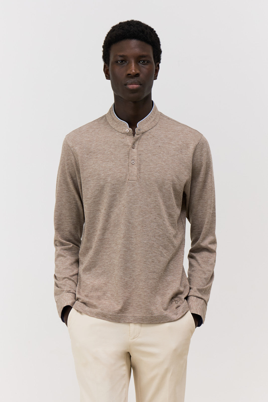 Polo Manches Longues Slim En Coton M Lang Beige Col Officier
