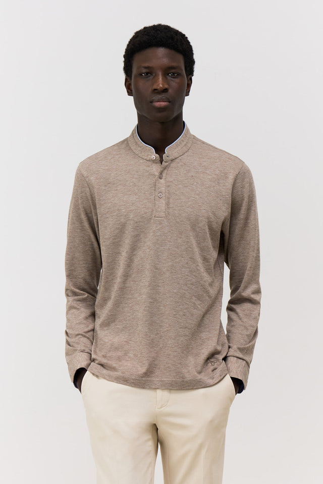 Polo manches longues Slim en coton mélangé beige à col officier