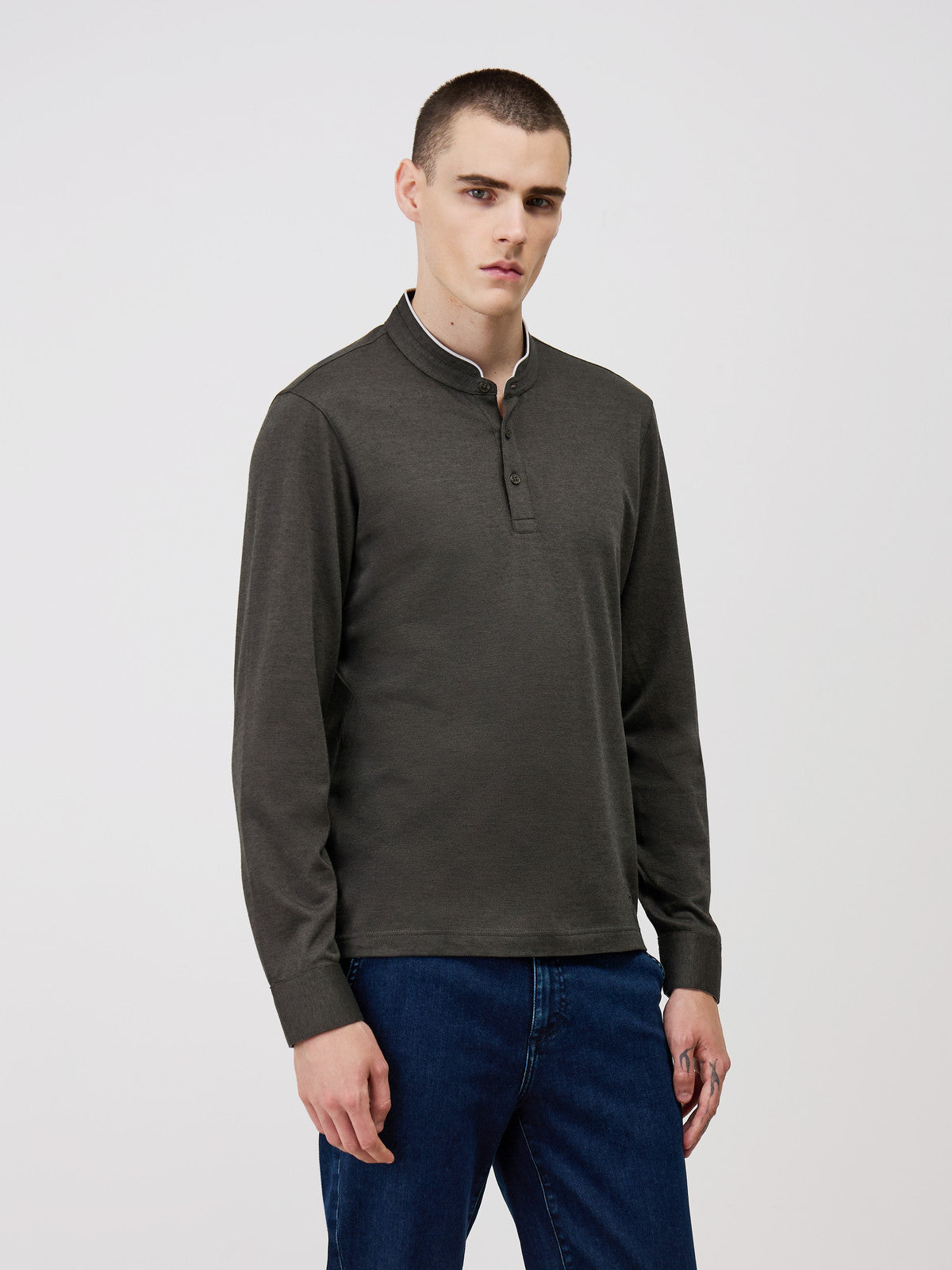 Polo Manches Longues Slim En Coton Col Officier
