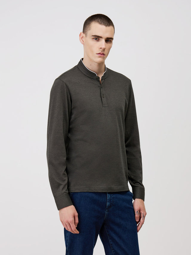 Polo manches longues Slim en coton olive à col officier