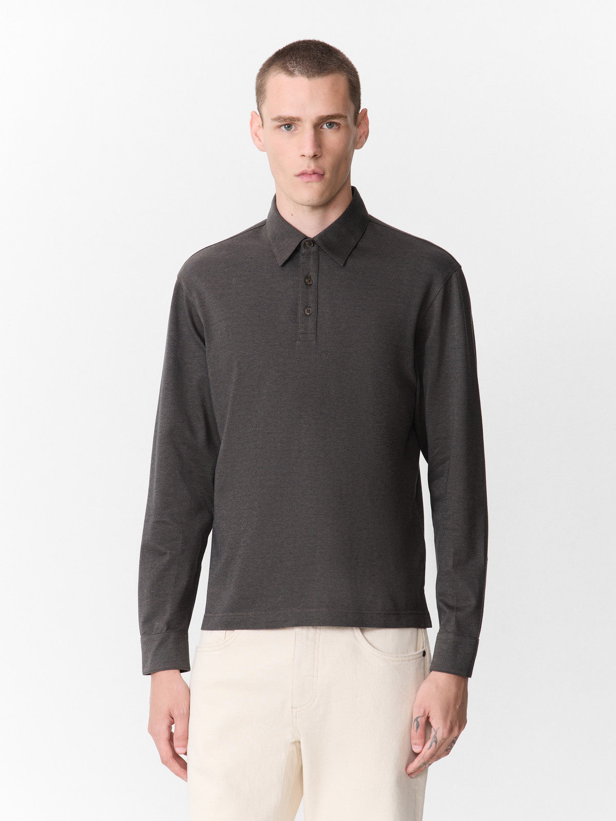 Polo Manches Longues Slim En Coton Kaki