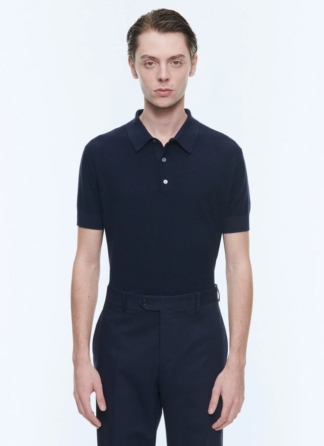 Navy blue cotton and cashmere polo sweater