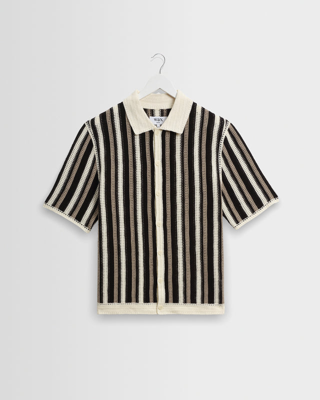 Porto - Ecru And Black Stripe Crochet Knitted Shirt