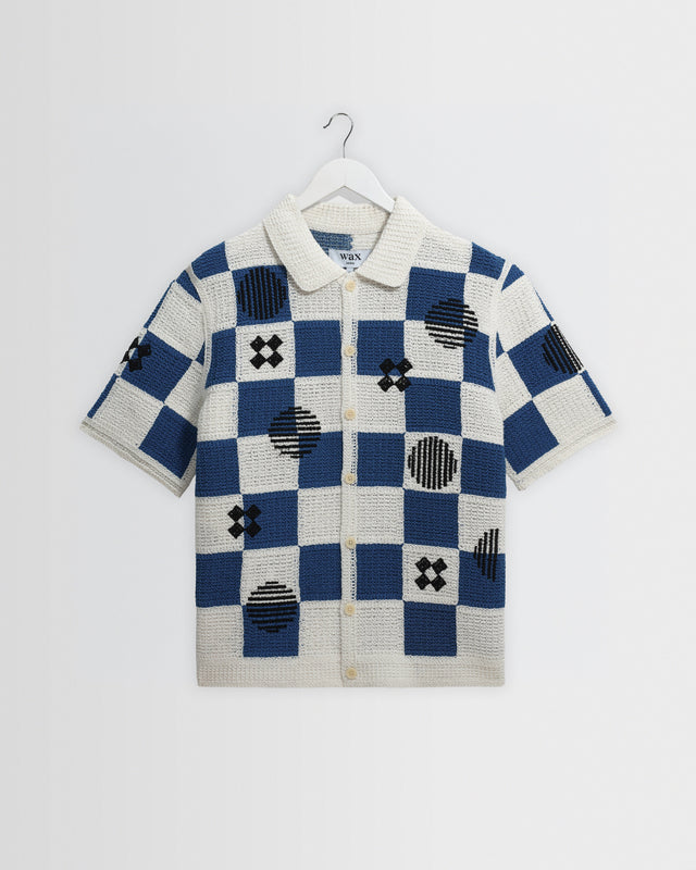 Porto - Ecru And Blue Square Crochet Knitted Shirt