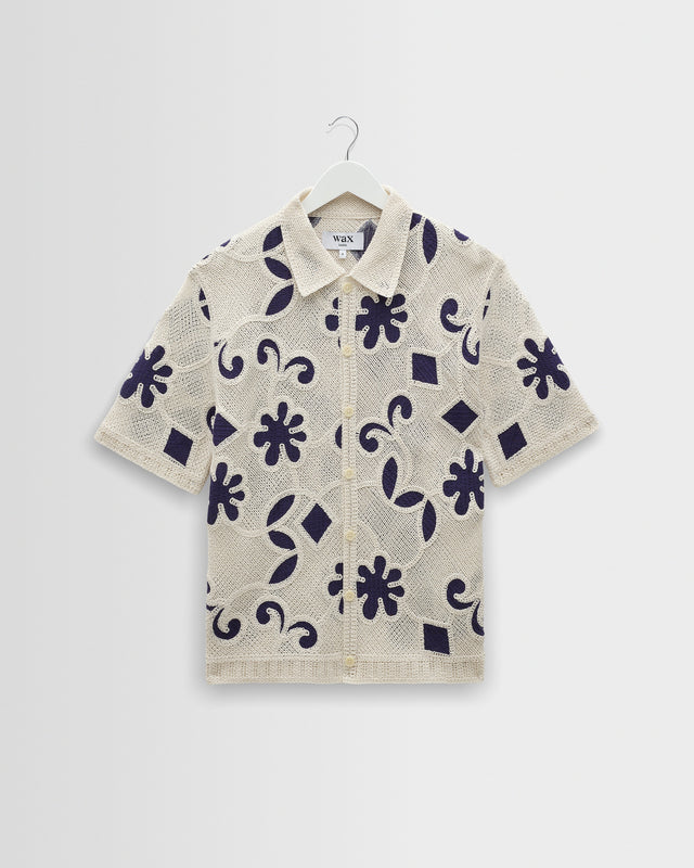 Porto - Ecru And Navy Doodle Crochet Knitted Shirt
