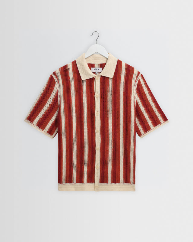 Porto - Ecru And Orange Stripe Crochet Knitted Shirt