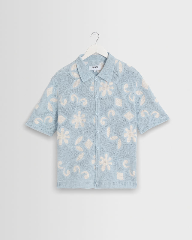 Porto - Pale Blue Doodle Crochet Knitted Shirt