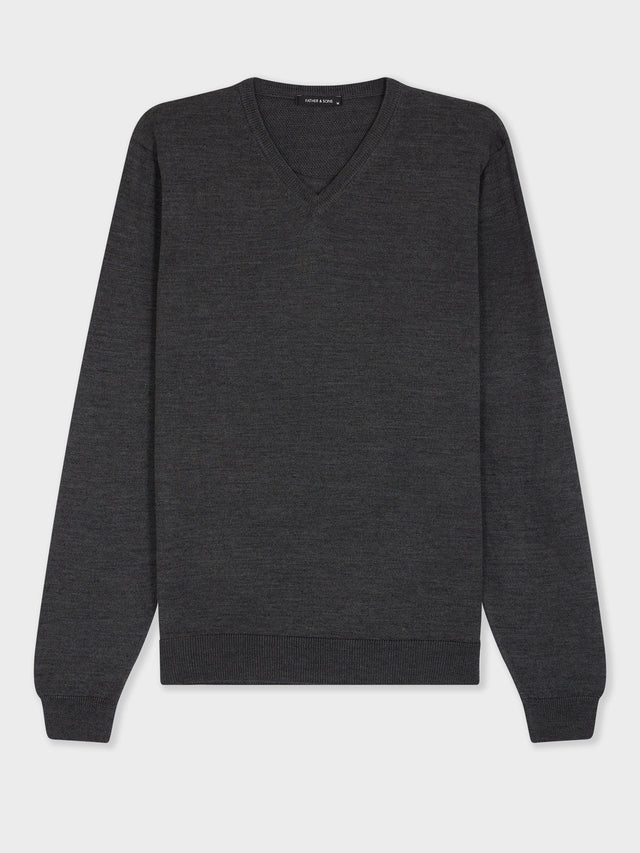 Pull col V en laine Mérinos mélangée anthracite