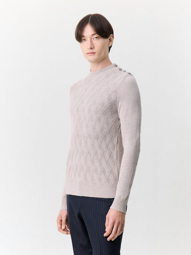 Pull col cheminée boutonné en laine Mérinos mélangée beige
