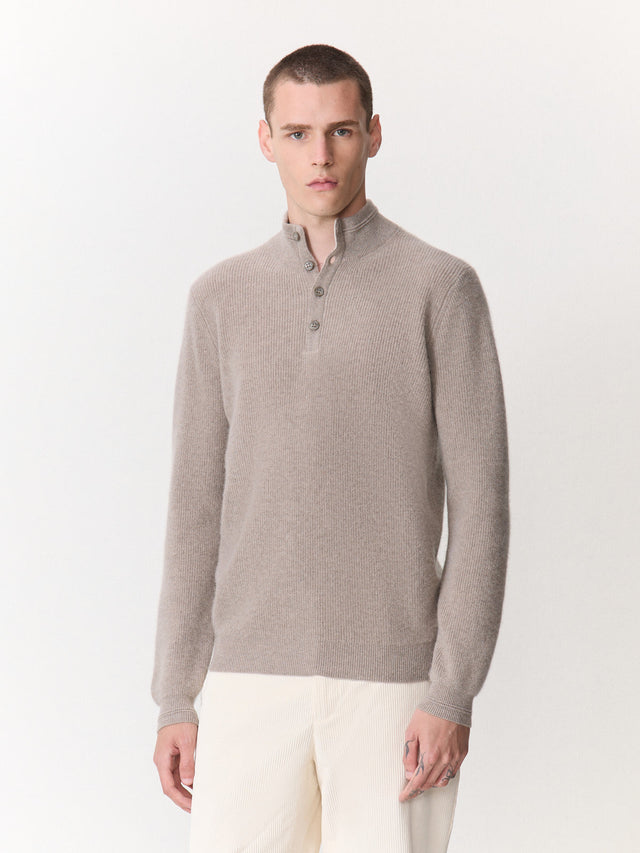 Pull col boutonné en cachemire marron