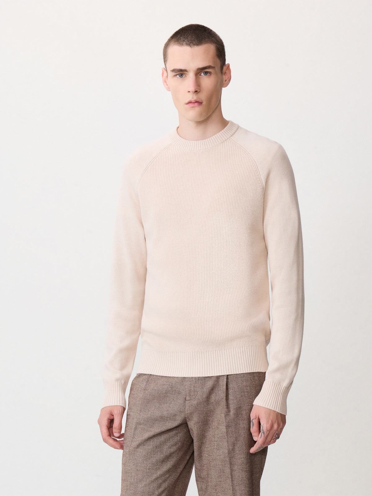 Pull Col Rond En Laine M Lang E Beige