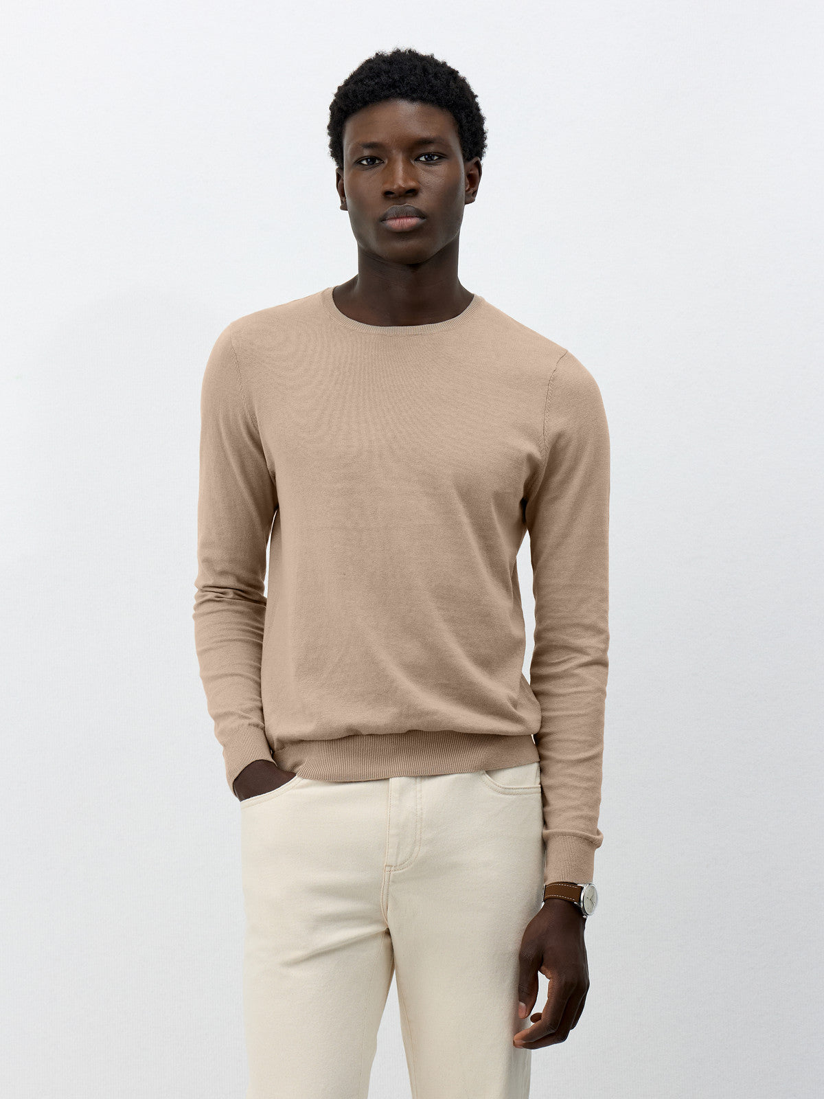 Pull Col Rond En Coton Et Soie Beiges