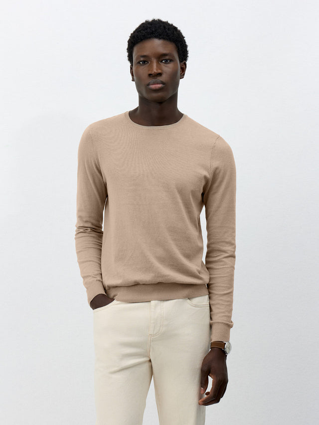 Pull col rond en coton et soie beiges