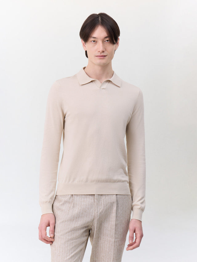 Pull col polo en coton et soie beige foncé