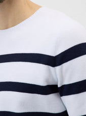 Pull Col Rond En Coton Blanc Rayures Bleu Marine