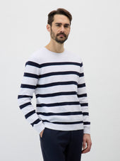 Pull col rond en coton blanc à rayures bleu marine
