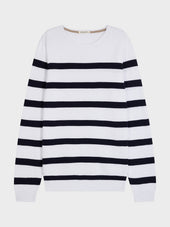 Pull Col Rond En Coton Blanc Rayures Bleu Marine