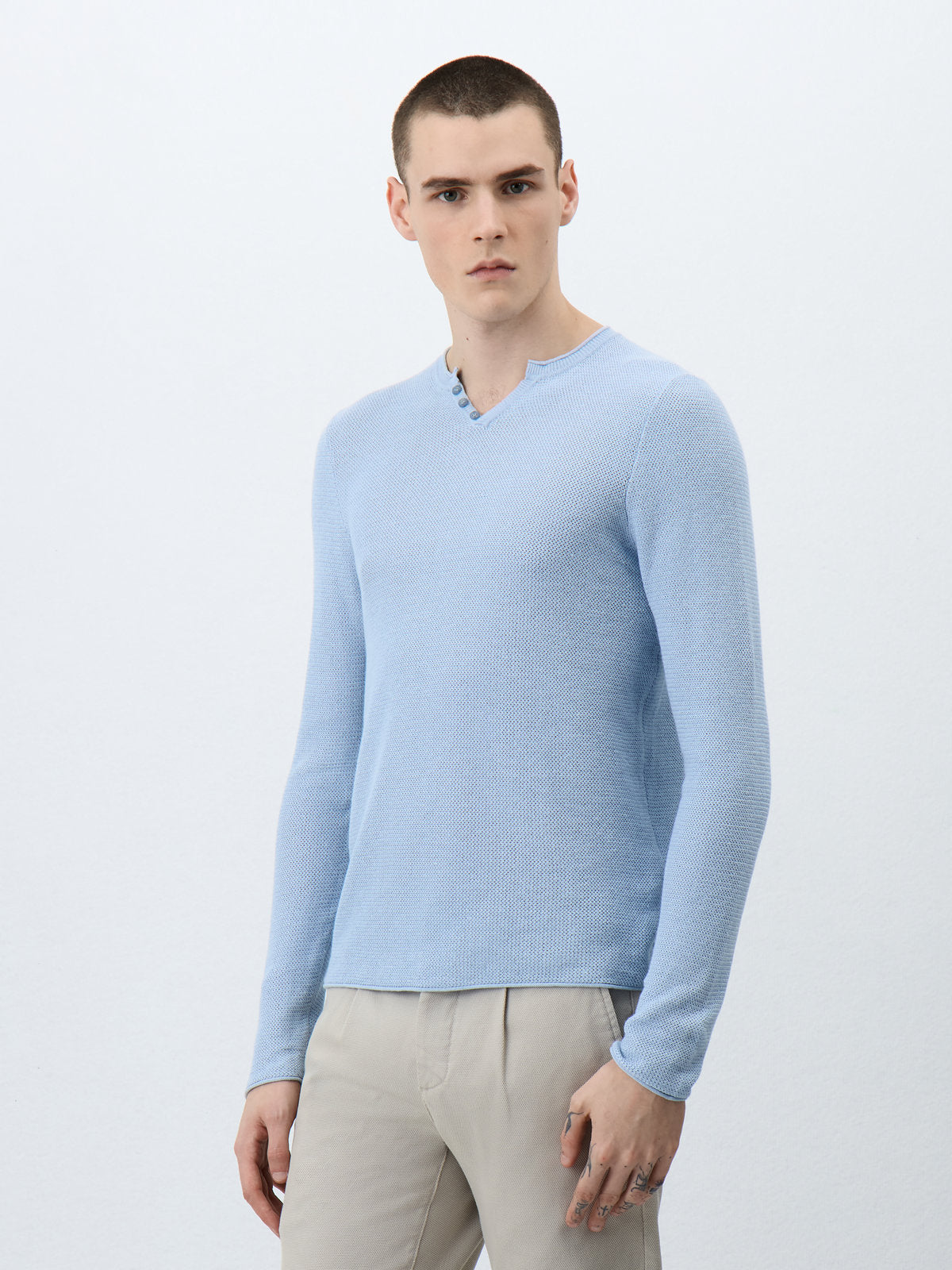 Pull Col Tunisien En Lin Et Coton Bleu Ciel