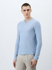 Pull col tunisien en lin et coton bleu ciel