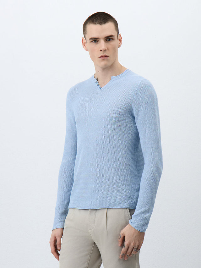 Pull col tunisien en lin et coton bleu ciel