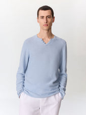 Pull Col Tunisien En Ramie Et Coton Bleu Ciel