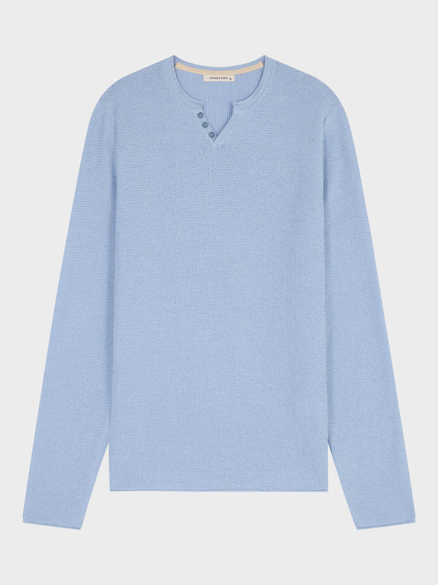 Pull col tunisien en ramie et coton bleu ciel