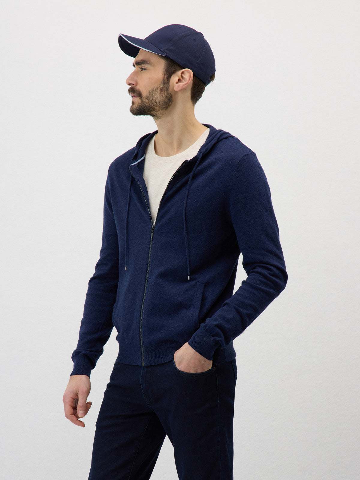 Gilet Capuche Zipp En Coton Bleu Indigo