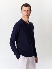 Pull col polo en coton et soie bleu indigo