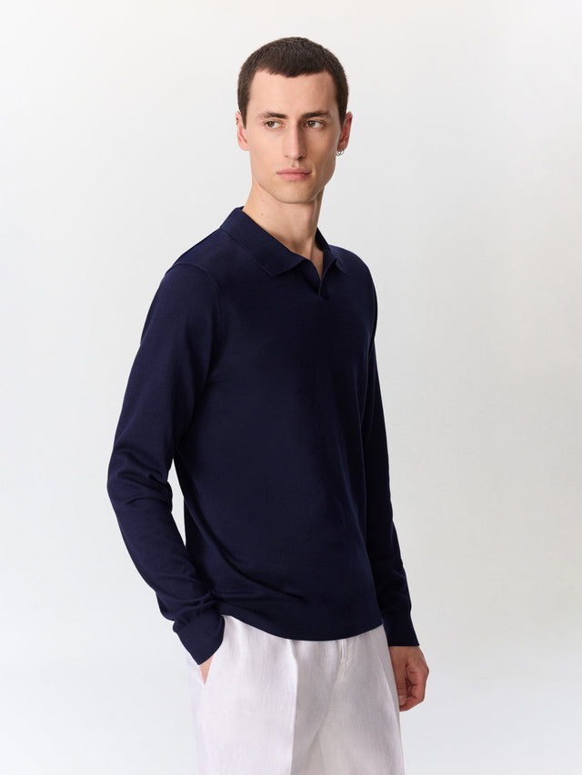 Pull col polo en coton et soie bleu indigo