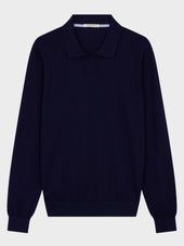 Pull Col Polo En Coton Et Soie Bleu Indigo