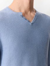 Pull Col Tunisien En Ramie Et Coton Bleu Jeans