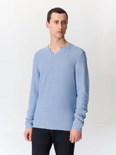 Pull col tunisien en ramie et coton bleu jeans