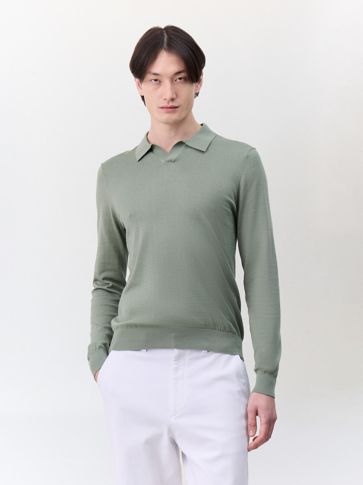 Pull Col Polo En Coton Et Soie Kaki