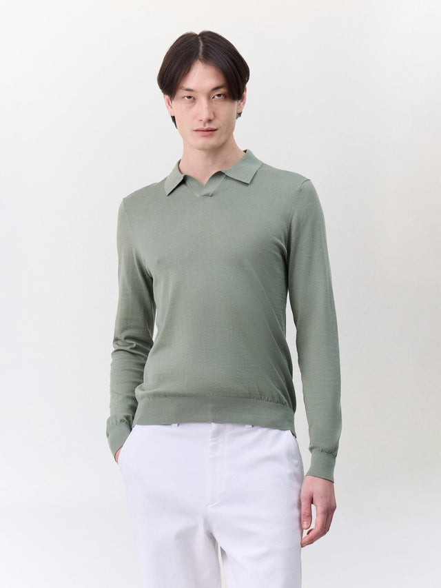 Pull col polo en coton et soie kaki