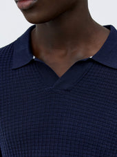 Pull Col Polo En Coton Et Soie Bleu Marine