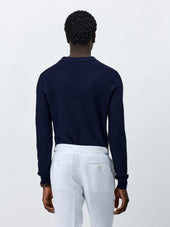 Pull Col Polo En Coton Et Soie Bleu Marine