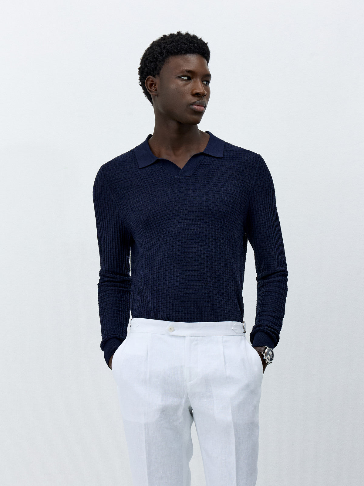 Pull Col Polo En Coton Et Soie Bleu Marine