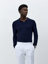Pull col polo en coton et soie bleu marine