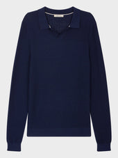 Pull Col Polo En Coton Et Soie Bleu Marine