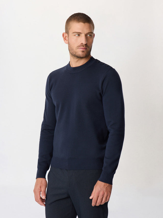 Pull col cheminée boutonné en laine mérinos mélangée bleu marine