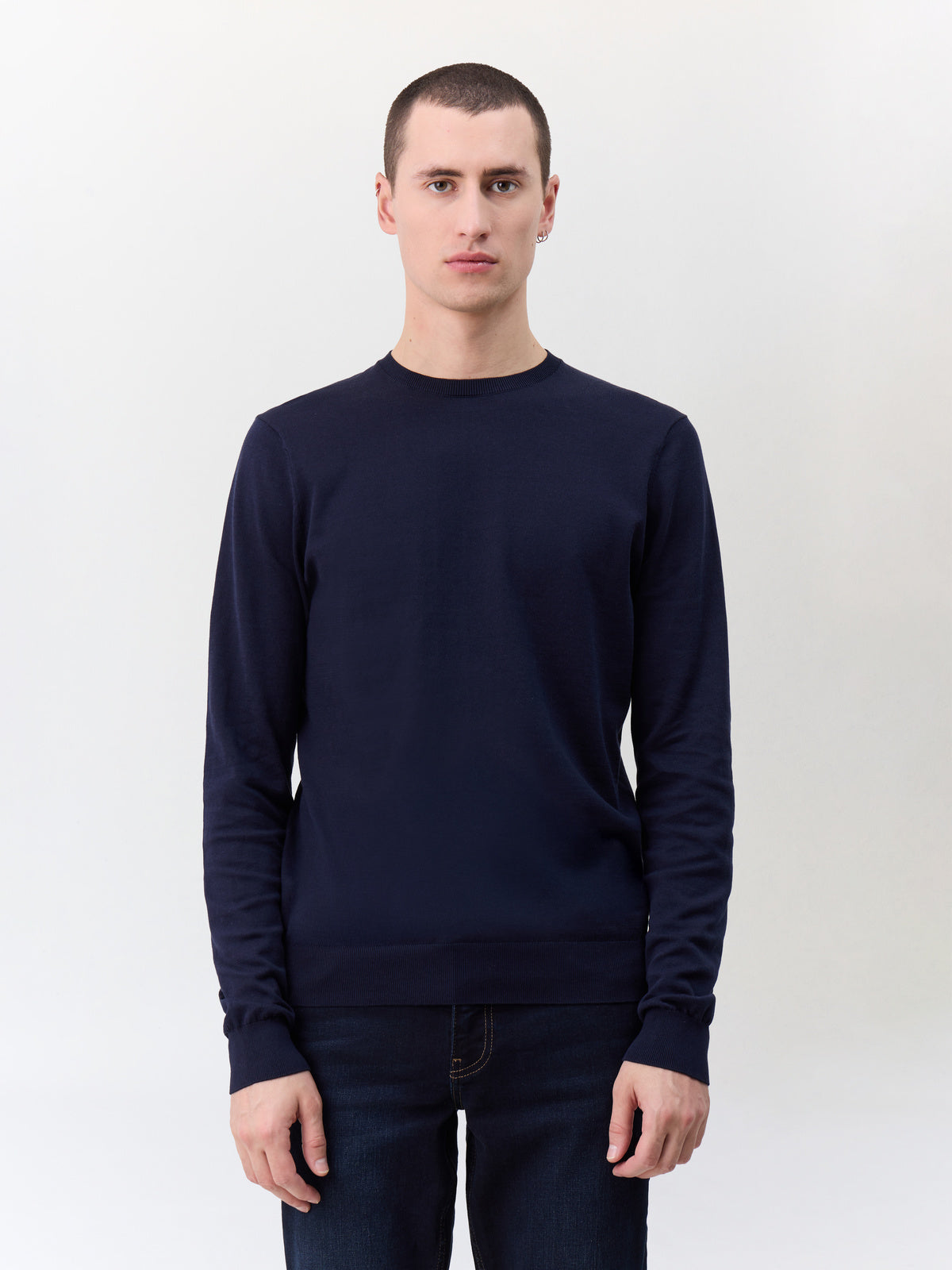 Pull Col Rond En Coton Et Soie Bleu Marine
