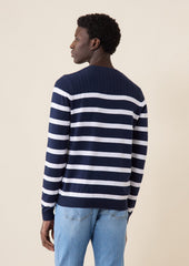 Pull Col Rond En Coton Bleu Marine Rayures Blanches