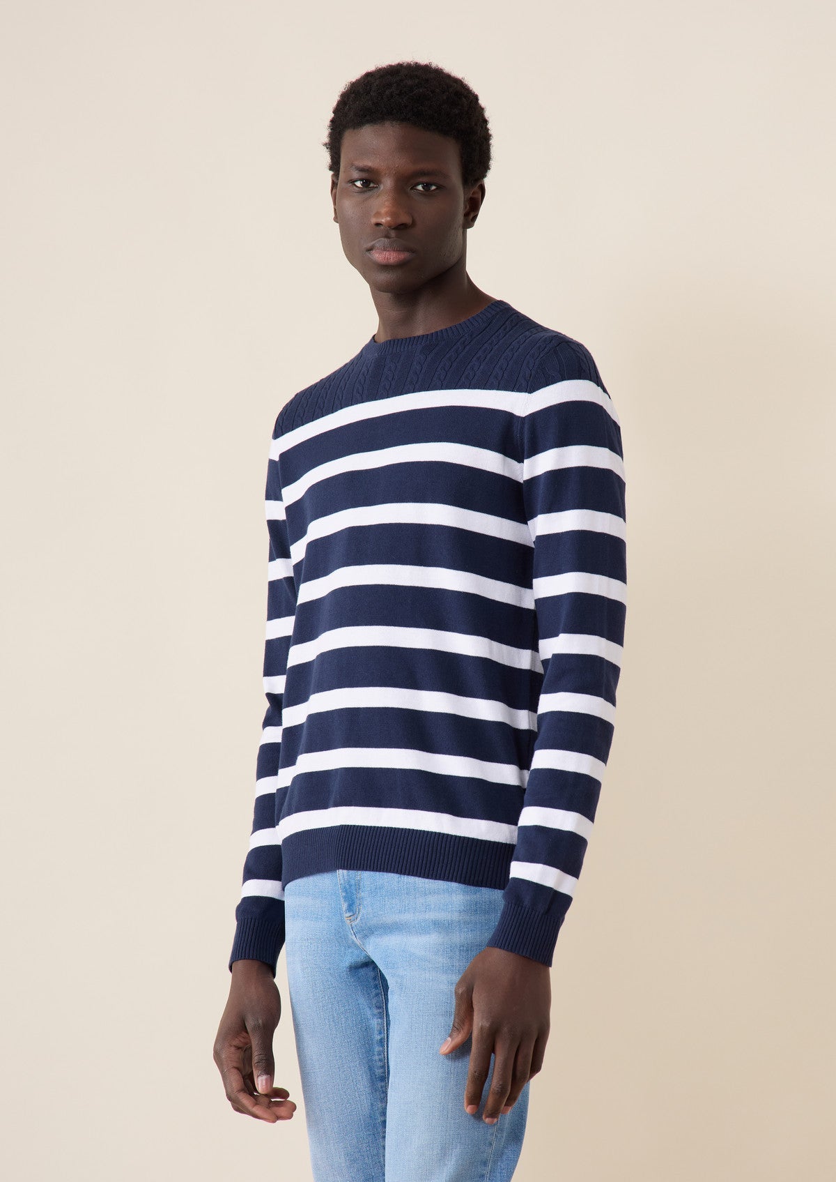 Pull Col Rond En Coton Bleu Marine Rayures Blanches