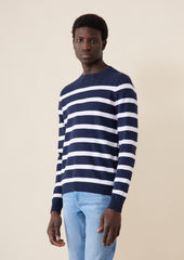 Pull col rond en coton bleu marine à rayures blanches