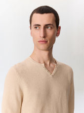 Pull Col Tunisien En Ramie Et Coton Beige Clair