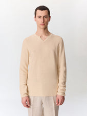 Pull Col Tunisien En Ramie Et Coton Beige Clair