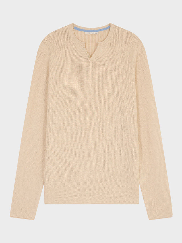 Pull col tunisien en ramie et coton beige clair