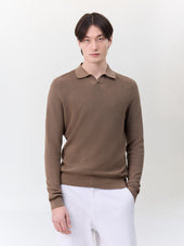 Pull col polo en coton et soie marron