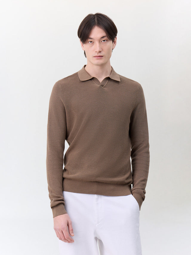 Pull col polo en coton et soie marron